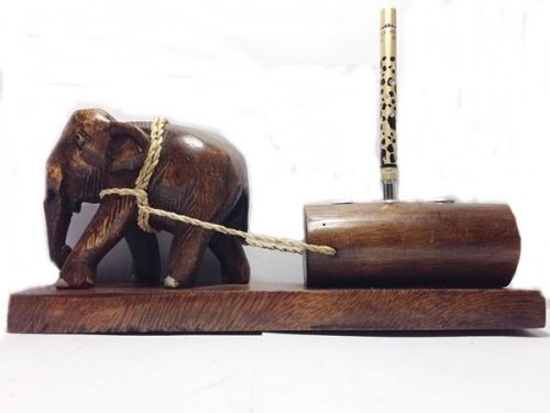 THAI ELEPHANT STATUE FIGURE TOW LOG WOOD  WITH PEN BLANK HOME HANDICRAFT GIFTS