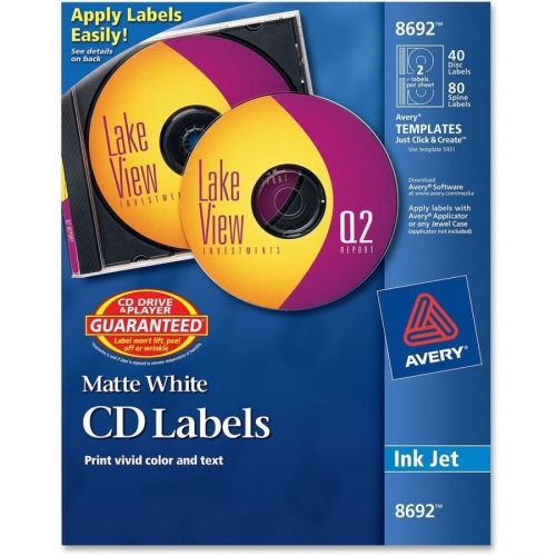 Avery 8692 CD Labels, Ink Jet, Matte White, 40 per Package