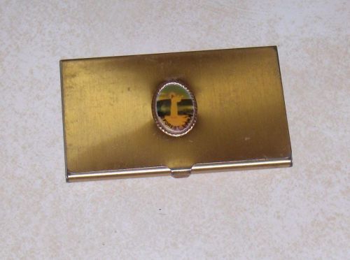 Vintage Brass Metal Forest Lawn Jesus Business Card Holder Credit 2&#034; x 3.5&#034; Gold