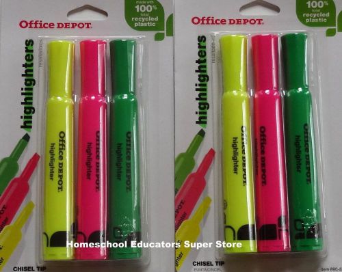2 OFFICE DEPOT HIGHLIGHTERS ASSORTED FLUORESCENT COLORS 3/PK CHISEL POINT NEW