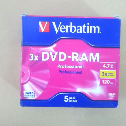 New Verbatim DVD-RAM 4.7gb 3speed 120min professional 5 pack removable