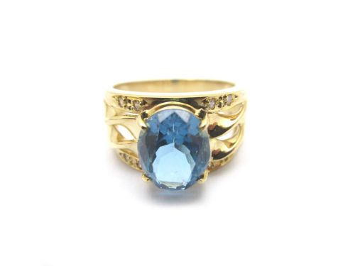 Fine Jewelry 18K Yellow Gold Blue Topaz Diamond Ring Free Shipping