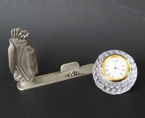 Fort Golf Pewter Card Holder, Golf Ball Crystal Clock Desk Accessories Lot of 2