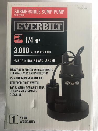Everbilt sba025bc 1/4 hp submersible sump pump with tether 1001093932 new/sealed for sale