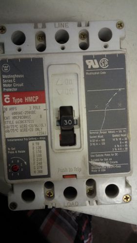 WESTINGHOUSE HMCP030H1C USED GREAT CONDITION 3P 30A 600V MCP BREAKER #A33