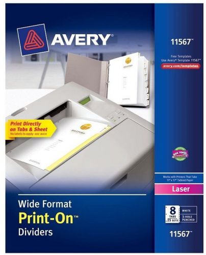 Avery Wide Format Print-On Dividers 8 Tabs 25 Sets White 3-Hole Punched #11567