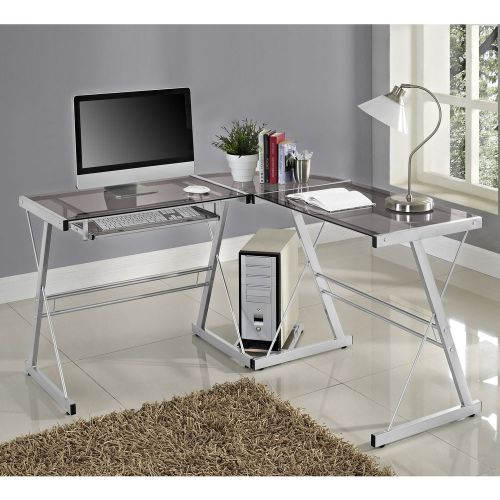 L Shaped Desk Contemporary Glass Metal Computer Home Office Work Corner Study