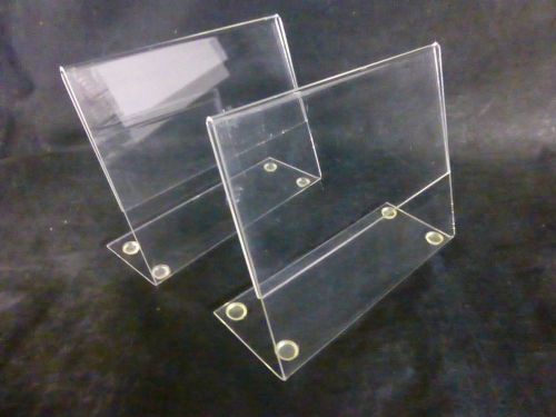 Used lot of 2 clear slanted acrylic 7 x 5.5 sign flyer menu holder display, feet for sale