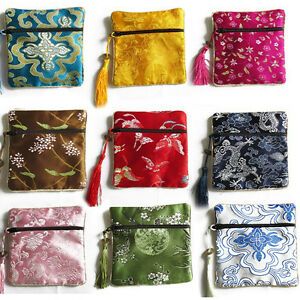 10PCS Mix Colors Chinese Zipper Coin Tassel Silk Square Jewelry Bags Pouch^CA