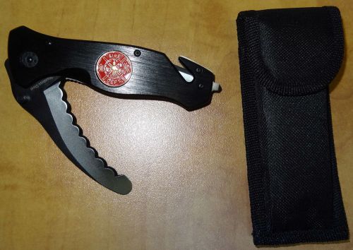 FIREFIGHTER FD RESCUE KNIFE with SEAT BELT CUTTER GLASS BREAKER and POUCH NEW
