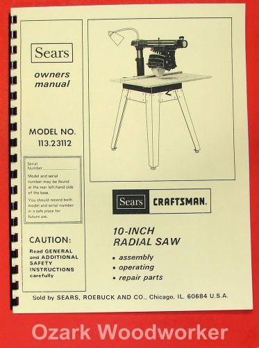 CRAFTSMAN 113.23112 Radial Arm Saw Operator Instructions &amp; Parts Manual 0176