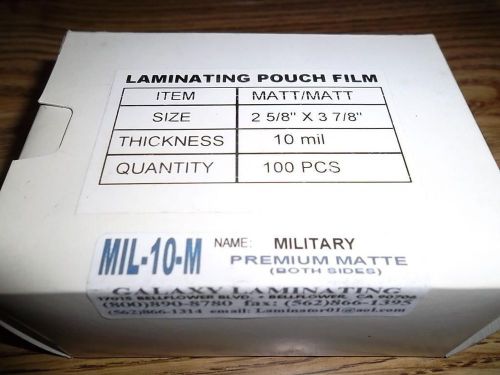 100 matte laminating/laminator pouches sleeves military id  2-5/8&#034;x3-7/8&#034; 10 mil for sale