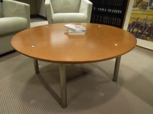 RECEPTION TABLE 36 INCH ROUND CHERY VENEER POLISHED STAINLESS STEEL TUBE FRAME