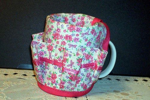 Pink &amp; Purple Flowers Coffee Mug Wrap Fabric Cover &amp; Organizer Cup Caddy Storage
