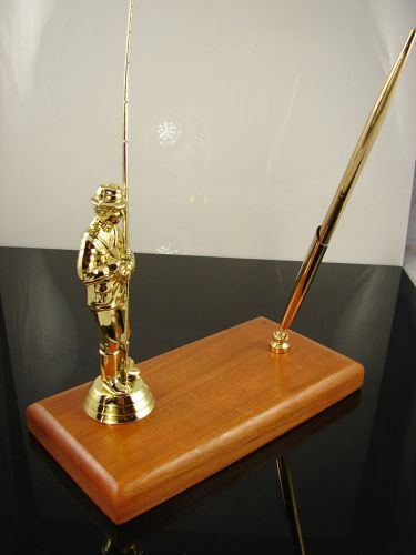 Cherry Wood Gold Tone Fishing Trophy Pen Desk Set Accessory New
