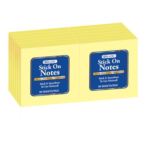 BAZIC 100 Ct. 3&#034; X 3&#034; Yellow Stick On Notes (12/Shrink), Case of 12