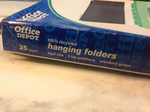 Box of 25 office depot legal size hanging file folders 1/5 cut green tabs insert for sale