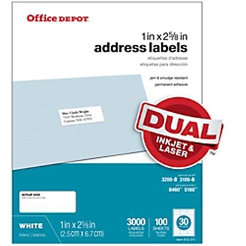 Office Depot Brand White Inkjet/Laser Address Labels - 3000 Pack - 1&#034; x 2-5/8&#034;