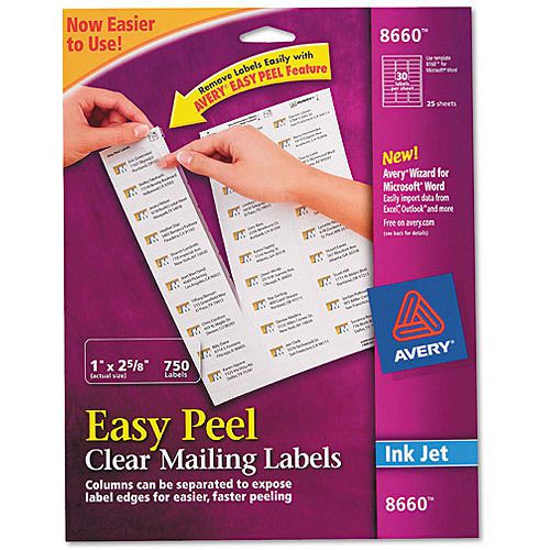 AVERY 8660 CLEAR INK JET ADDRESS LABELS 1 X 2 5/8 750 COUNT EASY PEEL MAILING