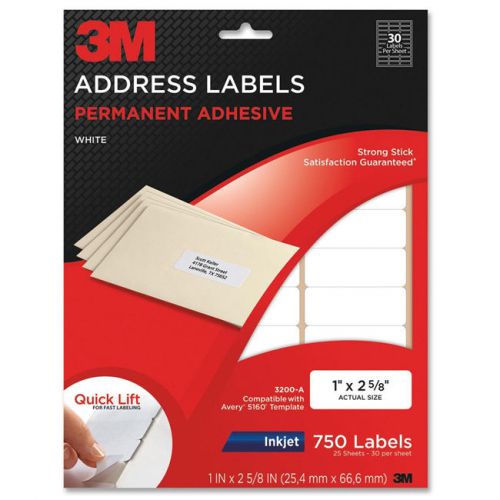 3M Permanent Adhesive White Mailing Address Labels For Inkjet, 750 Labels/Pack