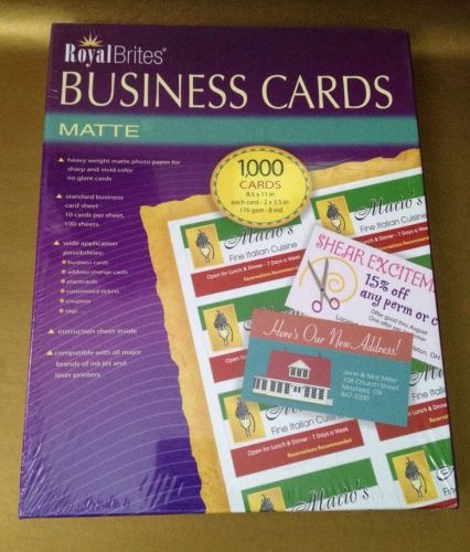 NEW 1,000 Royal Brites Matte Business Cards. White. Ink Jet &amp; Laser. NIP!
