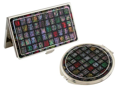 Nacre chinese letter Business card holder case Makeup compact mirror gift set#92
