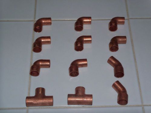 12 piece lot 1/2&#034; copper fittings 5/8&#034; od  st 90 tee st. 45 for sale
