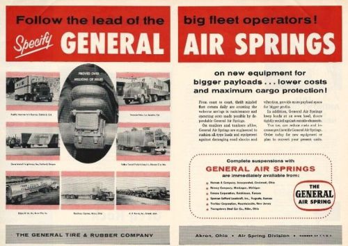 1957 - 7 trucking companies/rigs in General Air Springs ad, nice dbl-pg