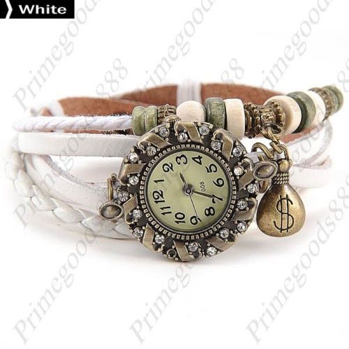 Crook Beads Purse Rhinestone PU Leather Lady Ladies Wristwatch Women&#039;s White