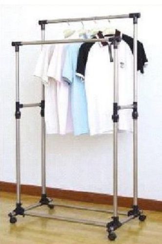 Rolling Clothing Rack Stainless Steel Double Rail Bar Storage Closet