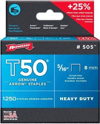 Arrow t50 #505 t50 staples 5/16&#034; 8mm flat crown pack 1250 staples x 1 for sale