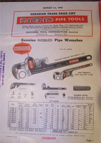 RIDGID PIPE Wrench August 1st 1941 brochure CANADIAN