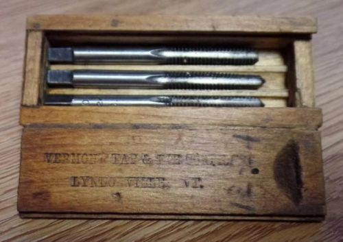 VINTAGE VERMONT TAP &amp; DIE 12/24 (3) TAP SET IN OLD WOOD BOX VERY GOOD CONDITION
