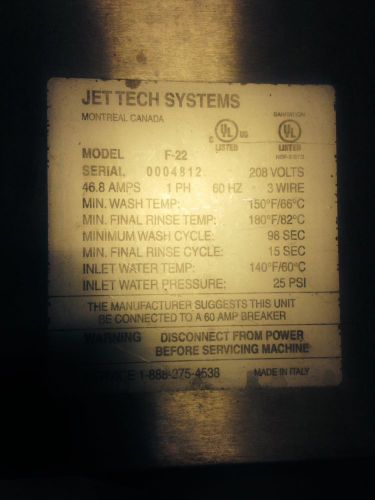 Jet Tech F-22 High Temp Door Type Commercial Restaurant Dishwasher