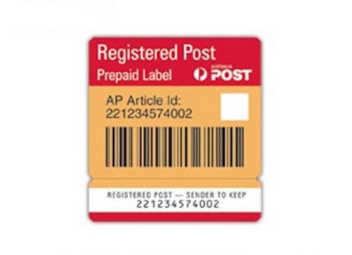 NEW 50 x Registered Post Prepaid Labels - Australia Post