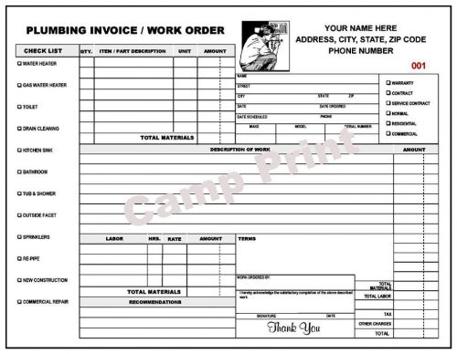 Plumbing work order invoice - 2 part carbonless for sale