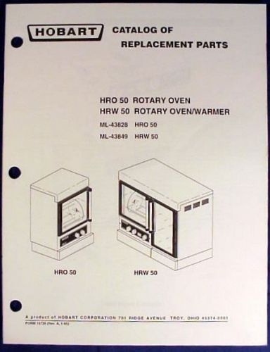 Hobart rotary oven hro 50 &amp; rotary oven/warmer hrw 50 replacement parts catalog for sale