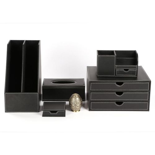 Business Black Desk Sets Storage Box Files Cabinet Stationery Tissue Holder 6pcs
