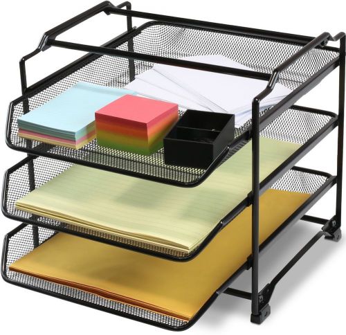 3 tier tray office desk organizer paper letter folder storage rack mesh black for sale