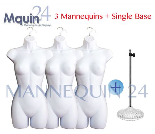 LOT OF 3 MANNEQUINS *WHITE* +1 STAND + 3 HANGING HOOKS, FEMALE DRESS BODY FORMS