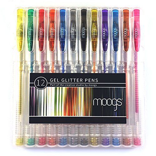 Gel Pens - 12 colored pens with glitter ink by moogs. With smooth and even fl...