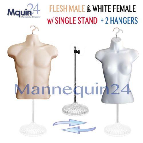 2 TORSO MANNEQUINS+1 STAND-+2 HANGERS: SET of FLESH MALE &amp; WHITE FEMALE TORSOS