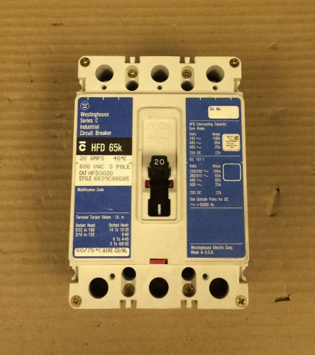 Westinghouse HFD 65k 3 pole 20 amp 600v HFD3020 Circuit Breaker Blue Paper Label