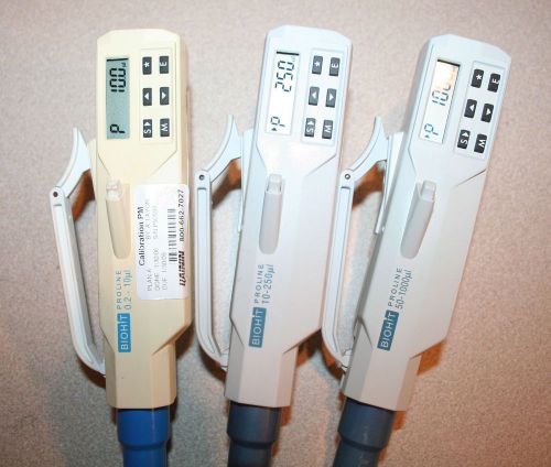 3 Biohit Proline Digital Pipettes 10, 250,1000ul Pipettor/ Charger/Stand