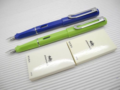 2Pcs Jinhao 599B Medium Fine Nib Fountain Pen + 10 Jinhao cartridges BK, G+BL