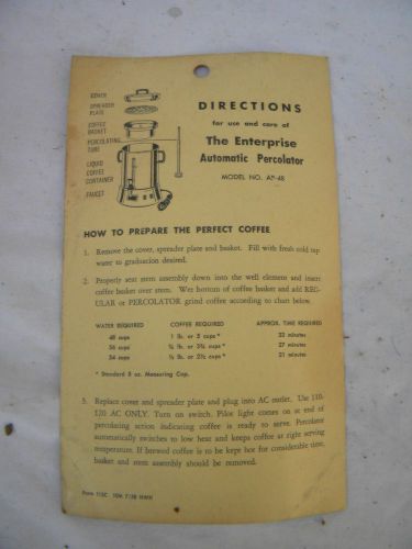 Vintage Enterprise  automatic percolator instruction sheet FREE SHIP