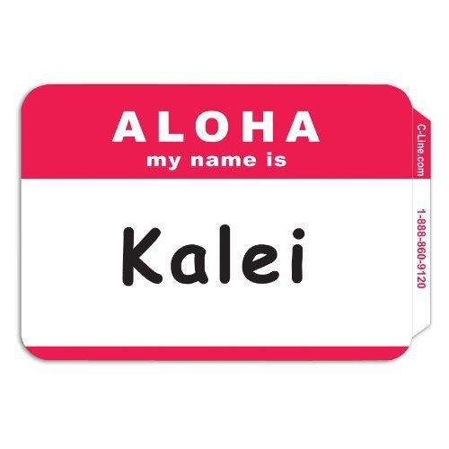 C-Line Pressure Sensitive Peel and Stick Badges, Aloha My Name Is, Red, 3.5 x