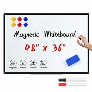 Magnetic Dry Erase Whiteboard 48 x 36 Inch, 4 x 3 Large White Board, Black Wall