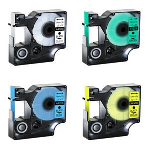 4PK Black on Clear/Blue/Yellow/Green Label Tape 12mm For DYMO D1 45010/16/18/19