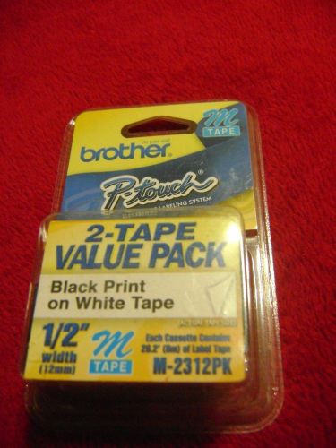 NIP Brother P-Touch M-K231 2 Pack Black Print on White Tape M-2312PK 1/2&#034; width